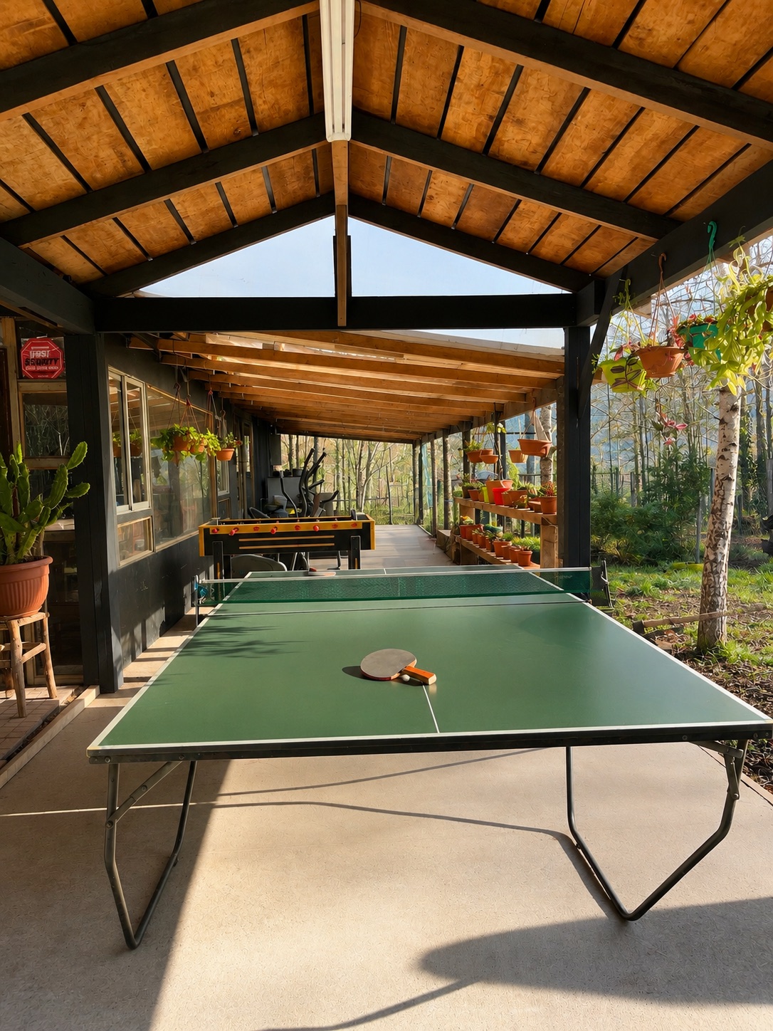 Terraza real con mesa de ping pong y taca-taca